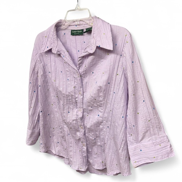 Lemon Grass Studio Lilac Crinkle Button Down Shirt Large Embroidered Polka Dot - Picture 3 of 6